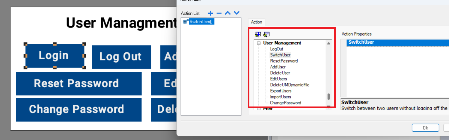 ABB HMI user Managements action in abb panel builder 600 : Logout, Login, switch user, reset password, add user